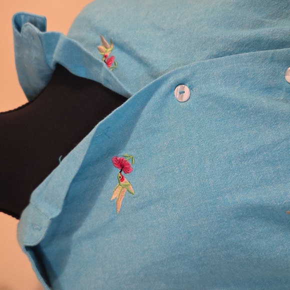 Vintage Blue Hummingbird Button-Up Long Sleeve Embroidered Cotton Shirt Cottage - Picture 2 of 8